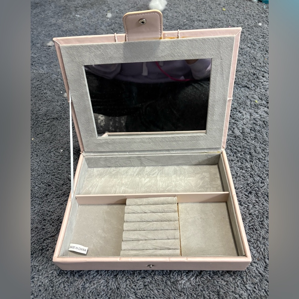 NWOT pink puffy top with gems jewelry box with mirror inside